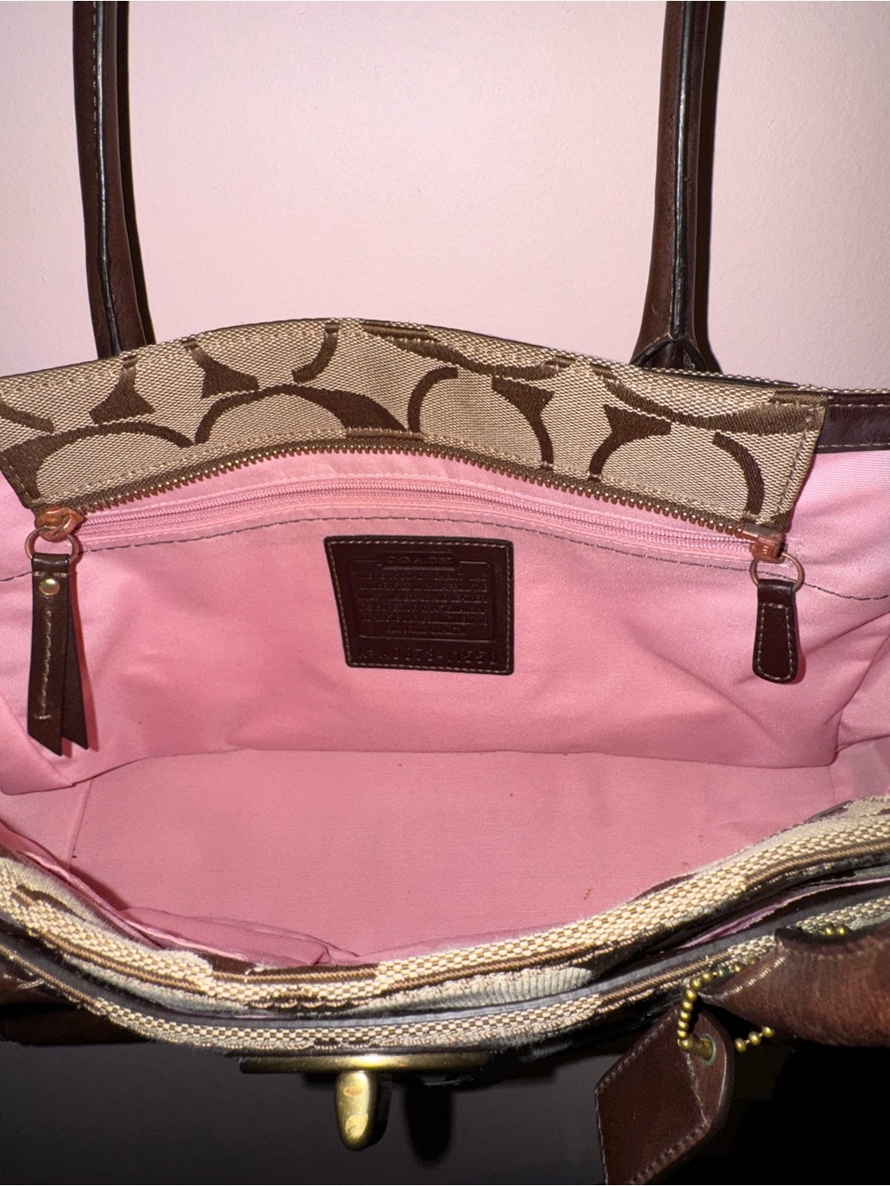 Coach Women Pink Interior Tote Bag with Brown Trim